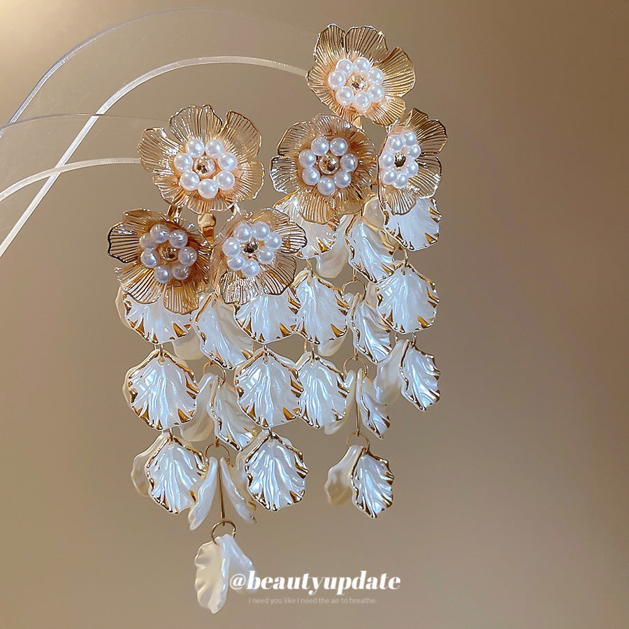 Pendientes de perlas con borlas y diseño floral de inspiración vintage en plata de ley 925 para mujer