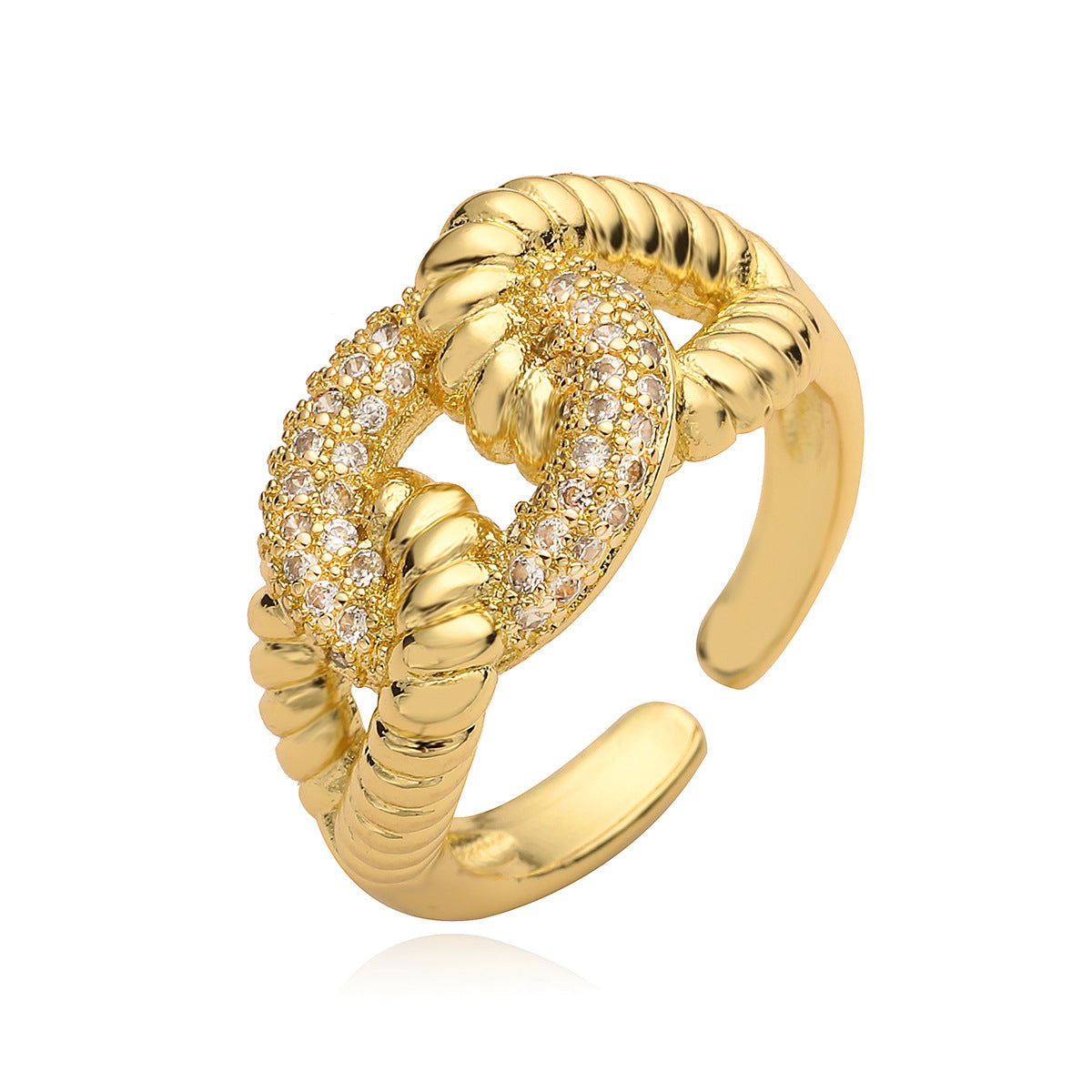 Geometric Open Ring for Women with Copper Base Plated in 18K Gold and Micro-Paved Zirconia, Fashion-Forward Minimalist Design