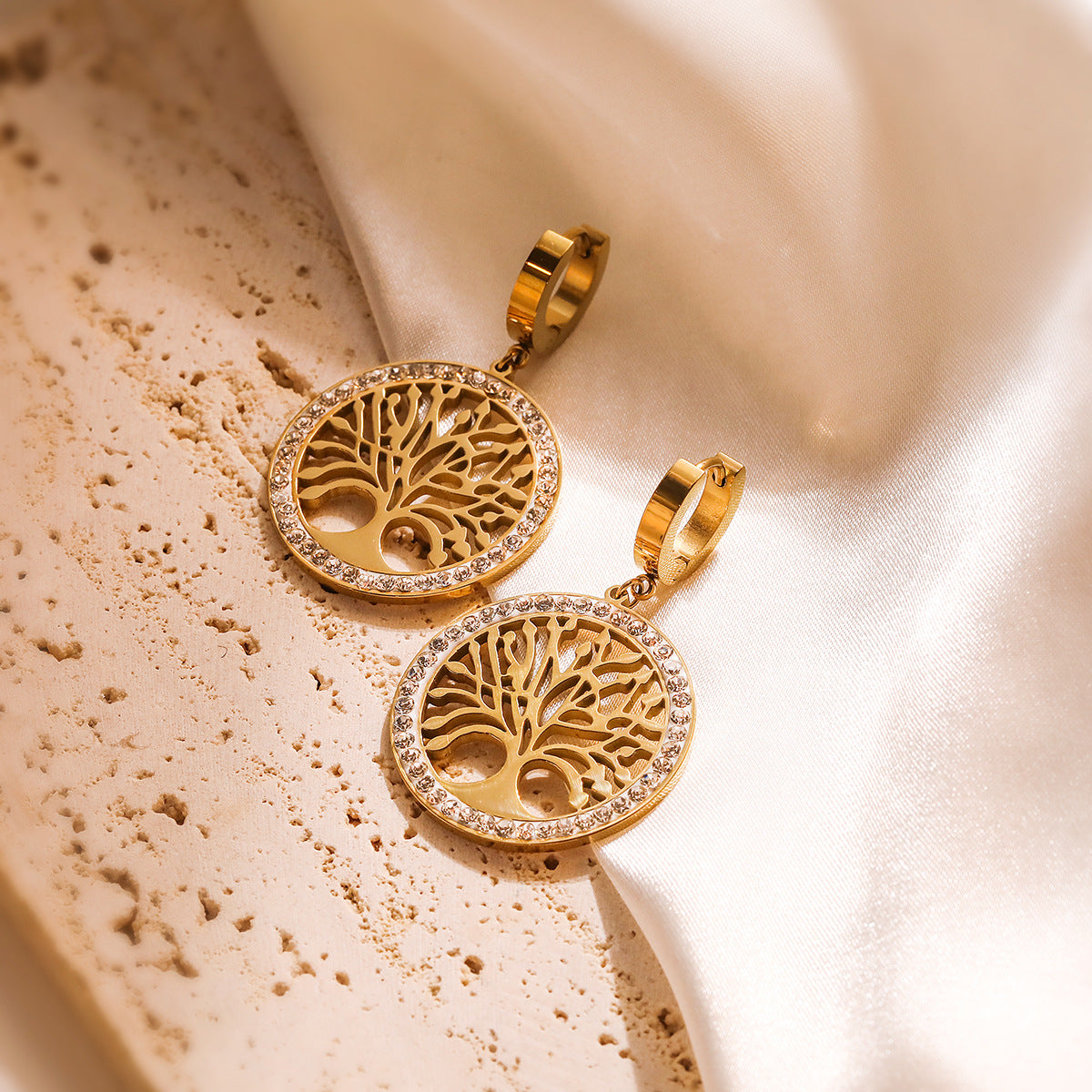 Minimalist Geometric Tree-Shaped Titanium Steel Earrings with Gold Plating and Zircon Inlay for Women