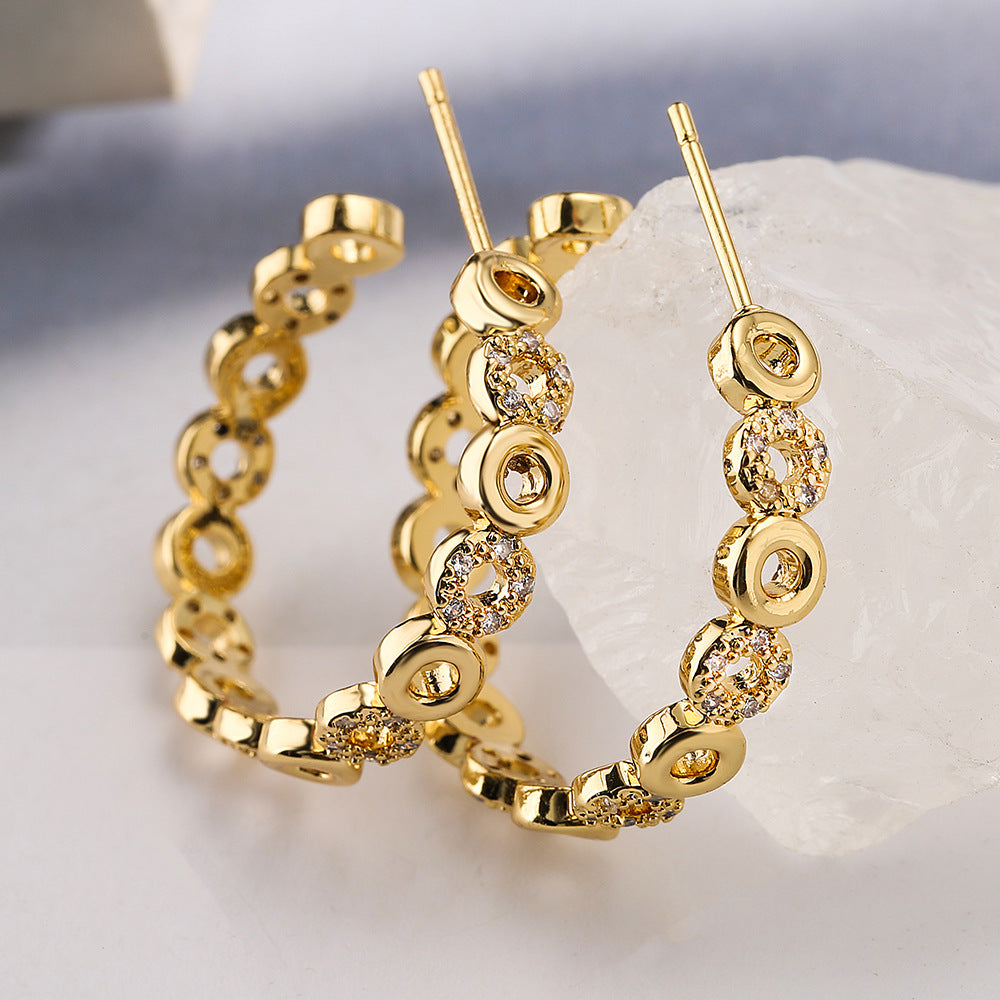 Orecchini da donna geometrici a forma di C con accenti di zirconi, gioielli per orecchie in rame minimalisti e alla moda