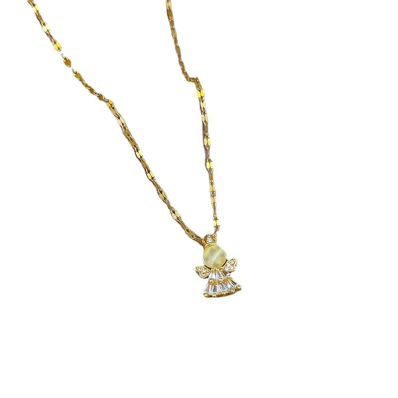 Exotic Geometric Titanium Steel Micro-Paved Cat's Eye Angel Pendant Necklace for Women Clavicle Chain