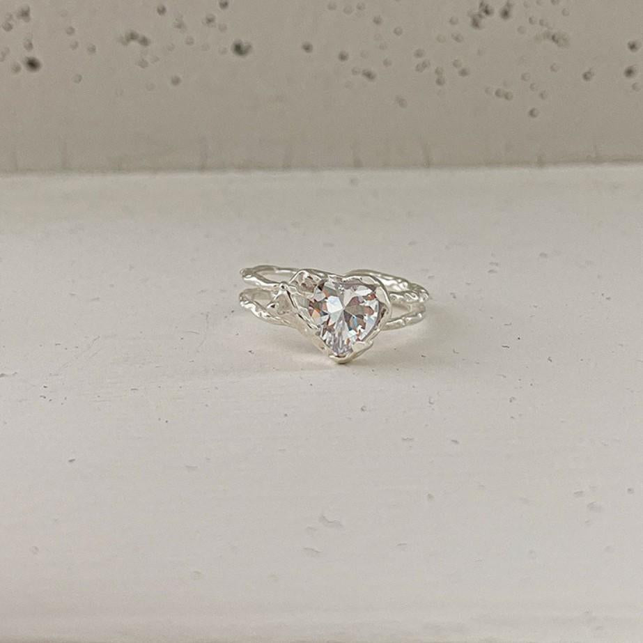 Anello aperto in argento sterling S925, dolce, minimalista, a forma di cuore irregolare con zirconi incastonati