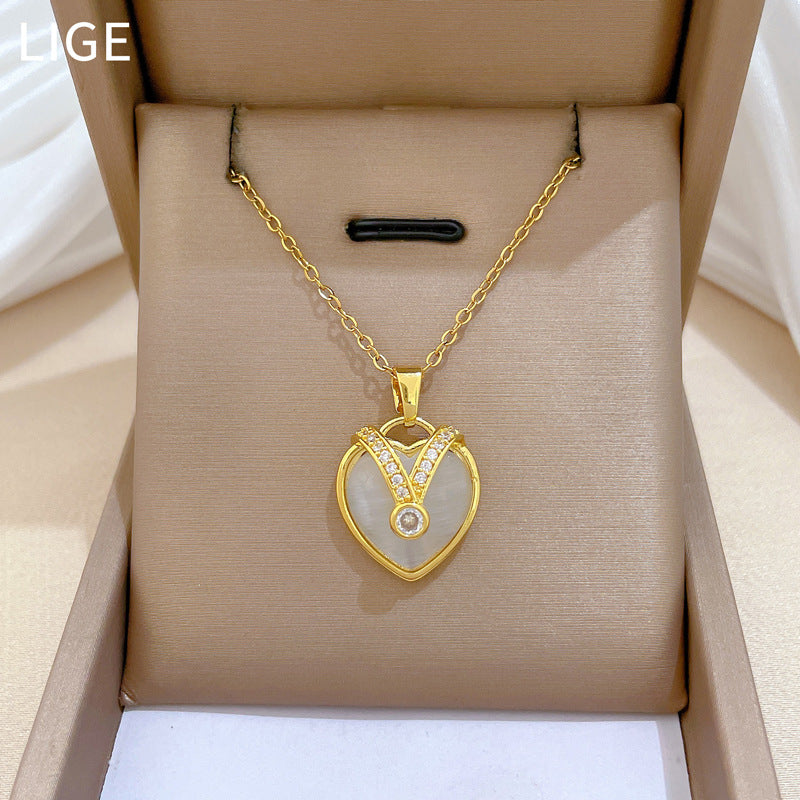 Sweet Luxury Heart Cat's Eye Rhinestone Pendant Titanium Steel Necklace for Unisex