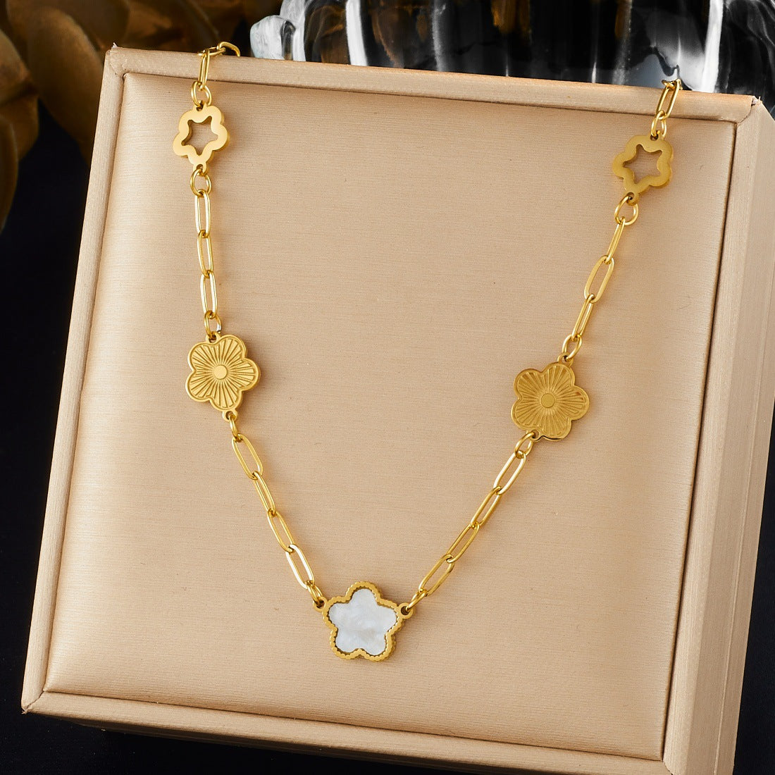 Vintage Gold Plated Hollow Floral Stainless Steel Curb Chain Necklace