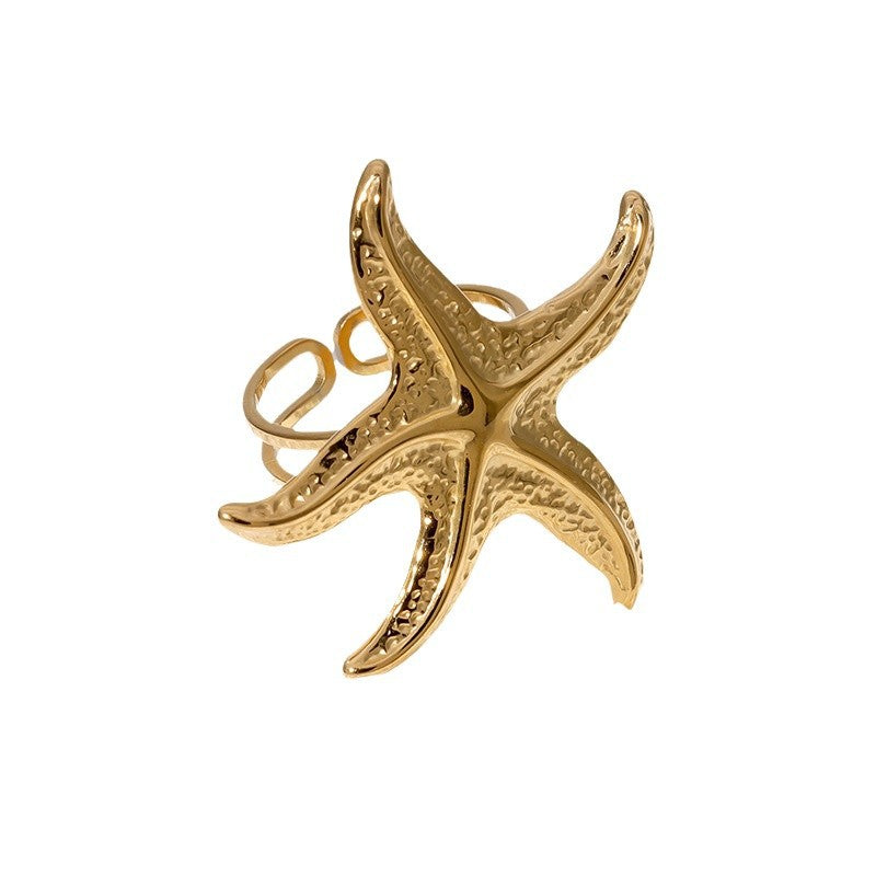 Starfish-Shaped Open Stainless Steel Ring for Women with Plated Finish, Beach Vacation Style Fashion Jewelry