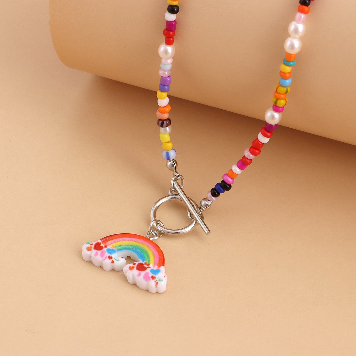 Bohemian Rainbow Beaded Geometric Pendant Necklace for Women with Gold-Plated Alloy and OT Clasp