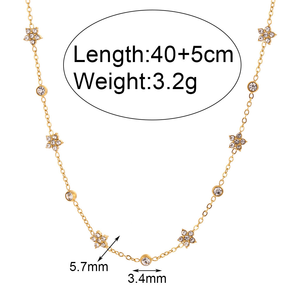 Minimalist Geometric Floral Pendant Necklace for Women in Stainless Steel with Titanium Steel Charm and Rhinestone Inlay on Cable Chain