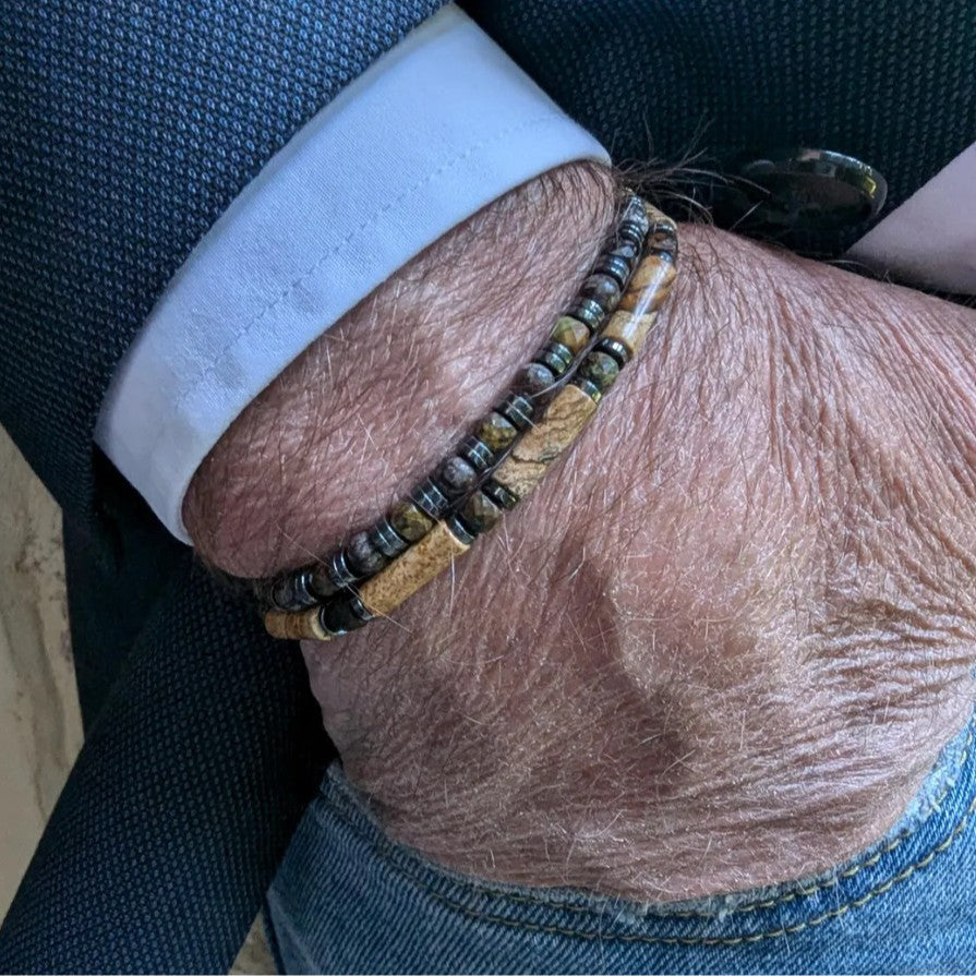 Vintage Casual Round Geometric Hand-beaded Hematite Picture Stone Bracelet for Men and Women