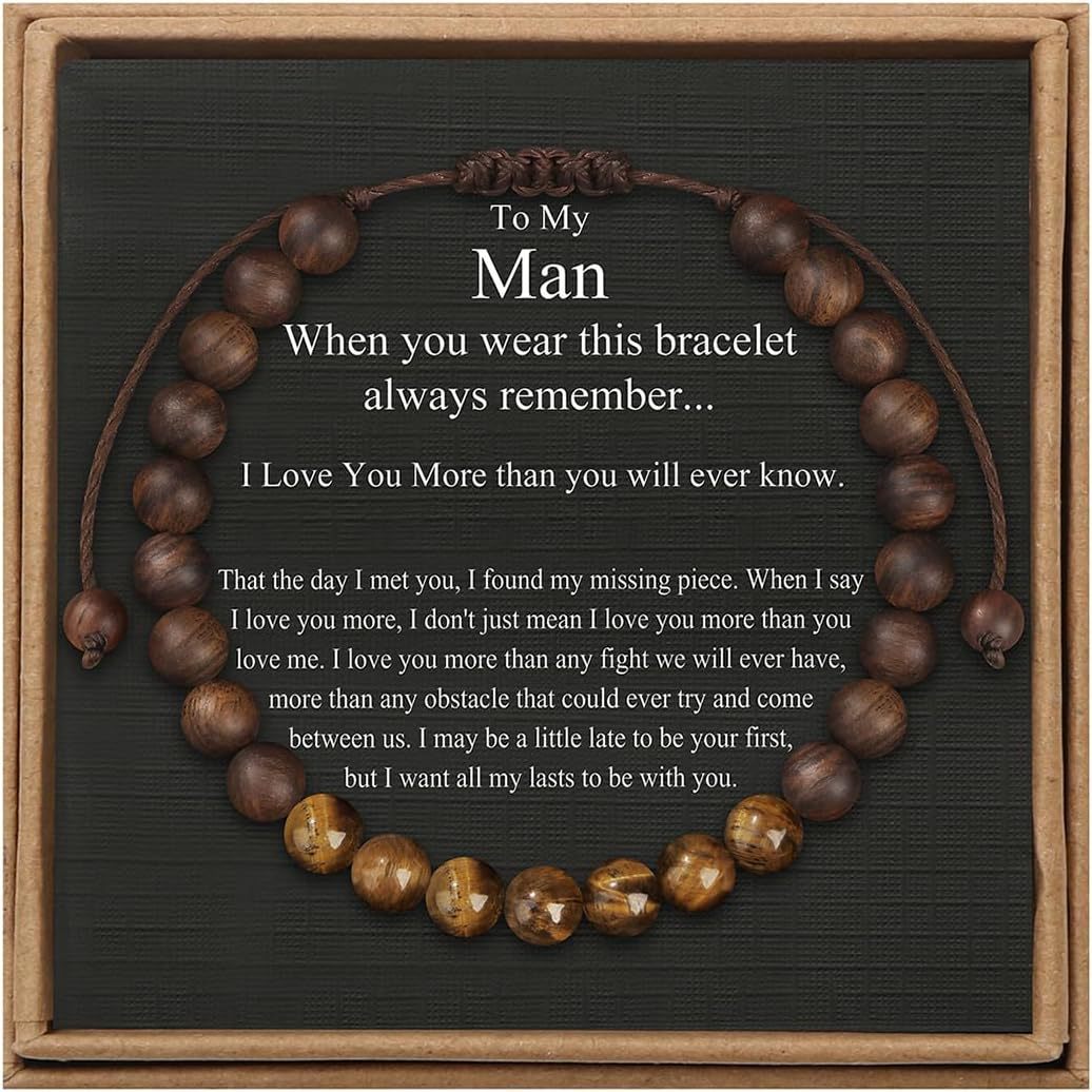 Men's Geometric Tiger's Eye Beaded Bracelet Adjustable Double Layer Handmade Gift