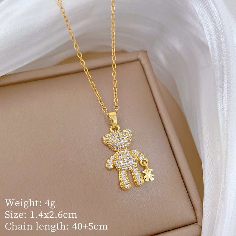 Sweet Cartoon Animal Moon Rhinestone Pendant Necklace Titanium Steel Chain for Unisex