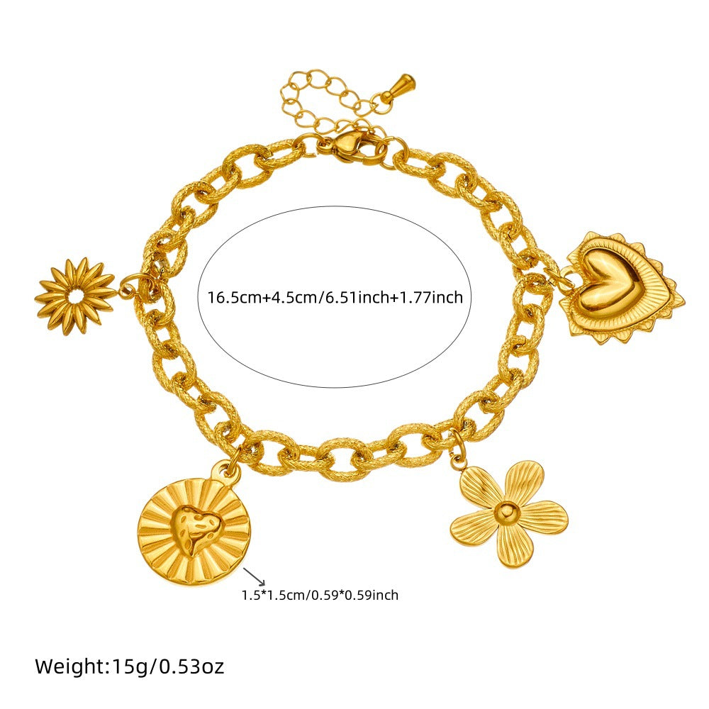 Elegante ciondolo per collana in acciaio inossidabile placcato oro, robusto, con design a cuore e floreale da donna