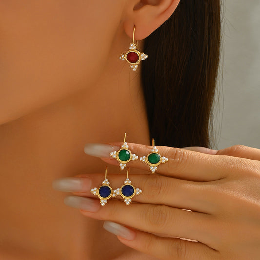 Pendientes de aro geométricos de aleación con incrustaciones de perlas y diamantes de imitación, chapados para mujer