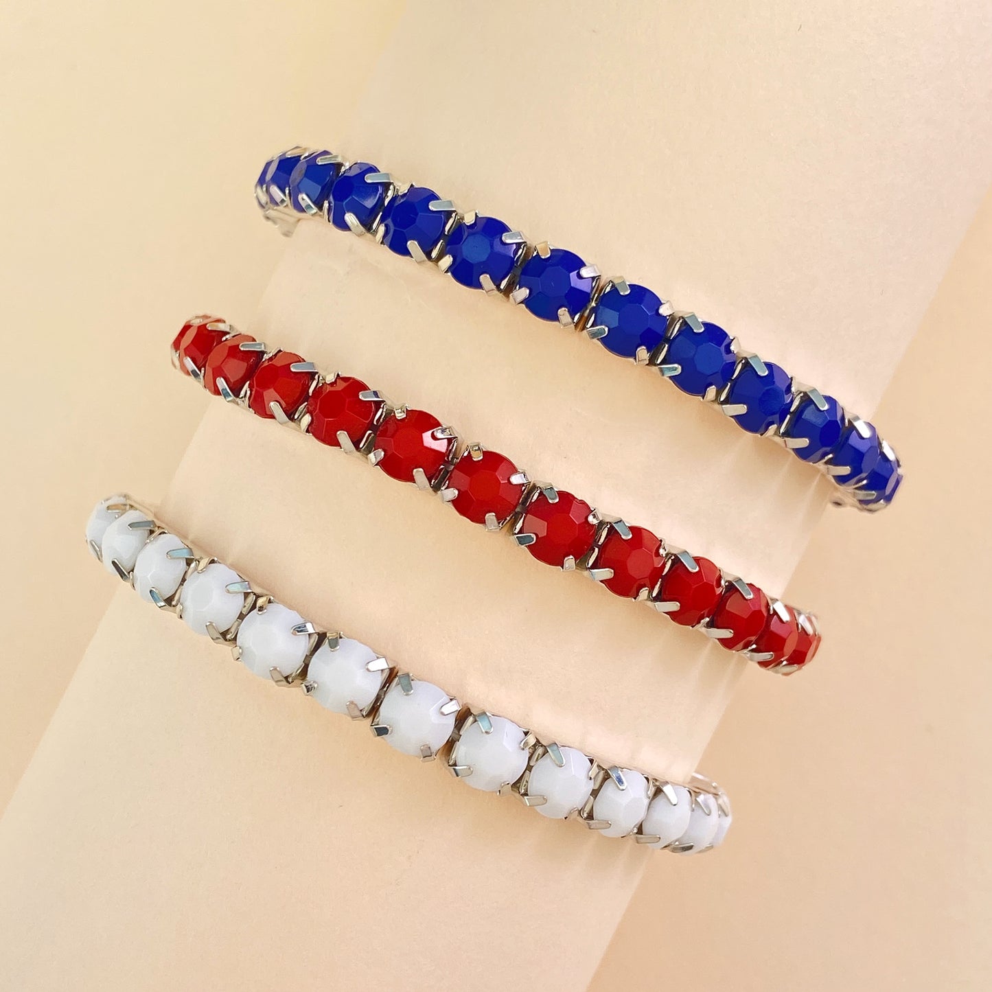 Red White Blue Brass Resin Inlay Stretch Bracelet Set