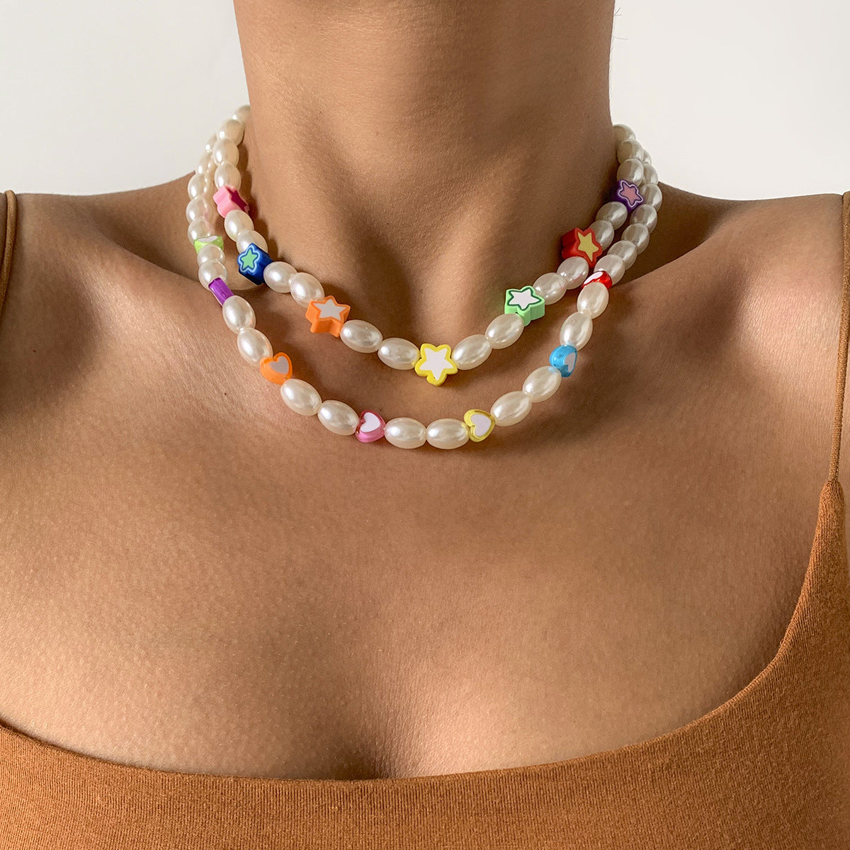 Vintage Bohemian Punk Geometric Star Acrylic Pearl Beaded Snake Chain Necklace for Women