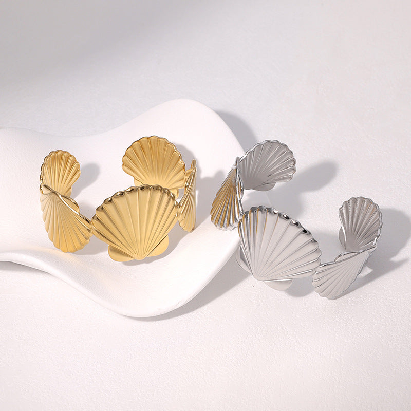 Minimalist Stainless Steel Wide Scallop Open Cuff Bracelet for Women