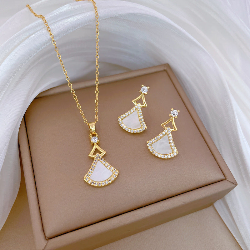Elegant Geometric Shell Skirt Pendant Necklace and Earrings Set in Titanium Steel with Plated Finish for Women