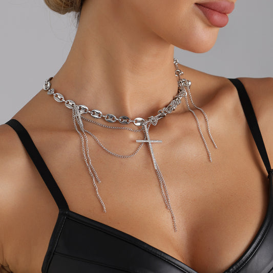 Minimalist Cross Heart Geometric Alloy Plated Necklace with Tassel Cable Chain for Women