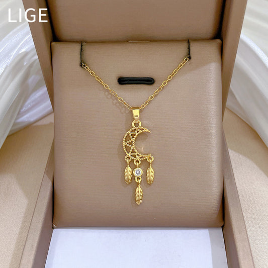 Minimalist Geometric Moon Pendant Necklace for Women and Men Stainless Steel Chain with Rhinestone Accents