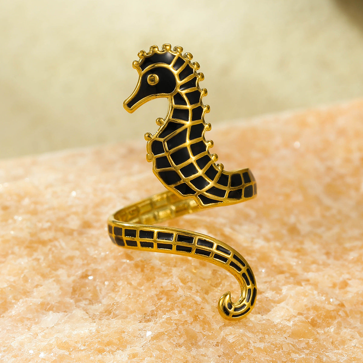 Anillo abierto con caballito de mar geométrico de moda, chapado en oro de 18 quilates, acero inoxidable, aceite goteado, joyería para mujer