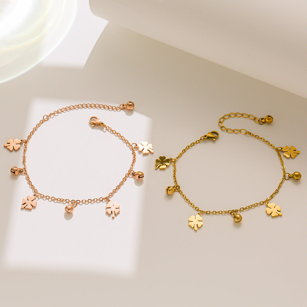 Minimalist Four-Leaf Clover Bracelet in Titanium Steel for Women with Geometric Design and Floral Motif