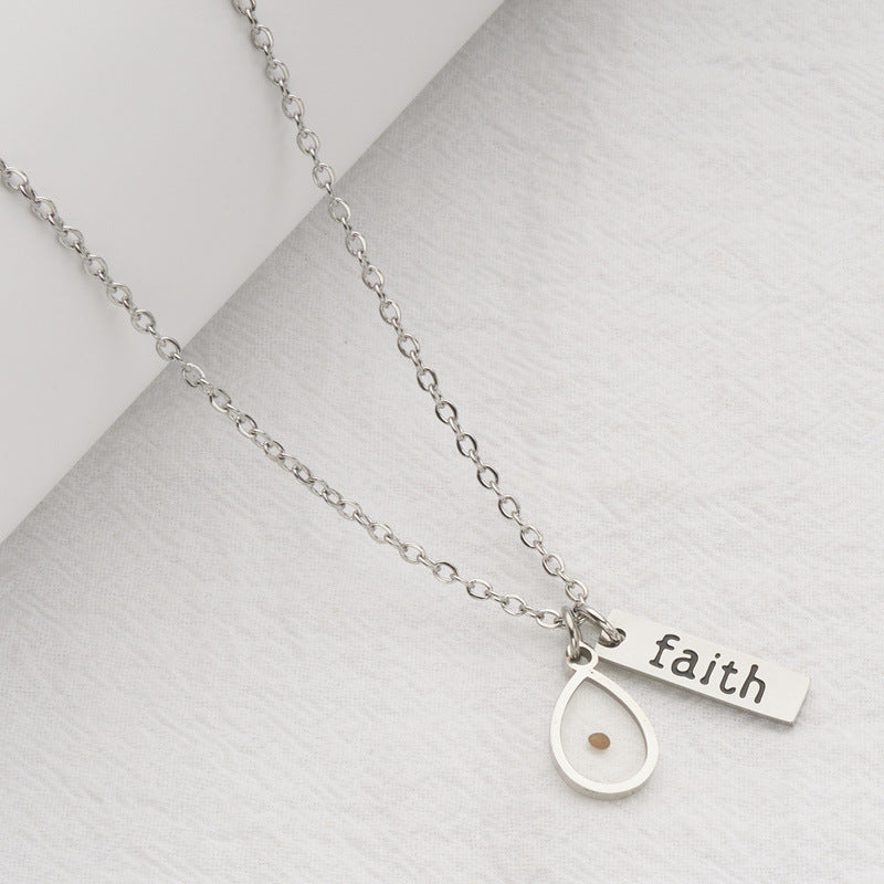 Minimalist Faith-Inspired Teardrop-Shaped Stainless Steel Pendant Necklace with Engraved Custom Text, Polished Finish