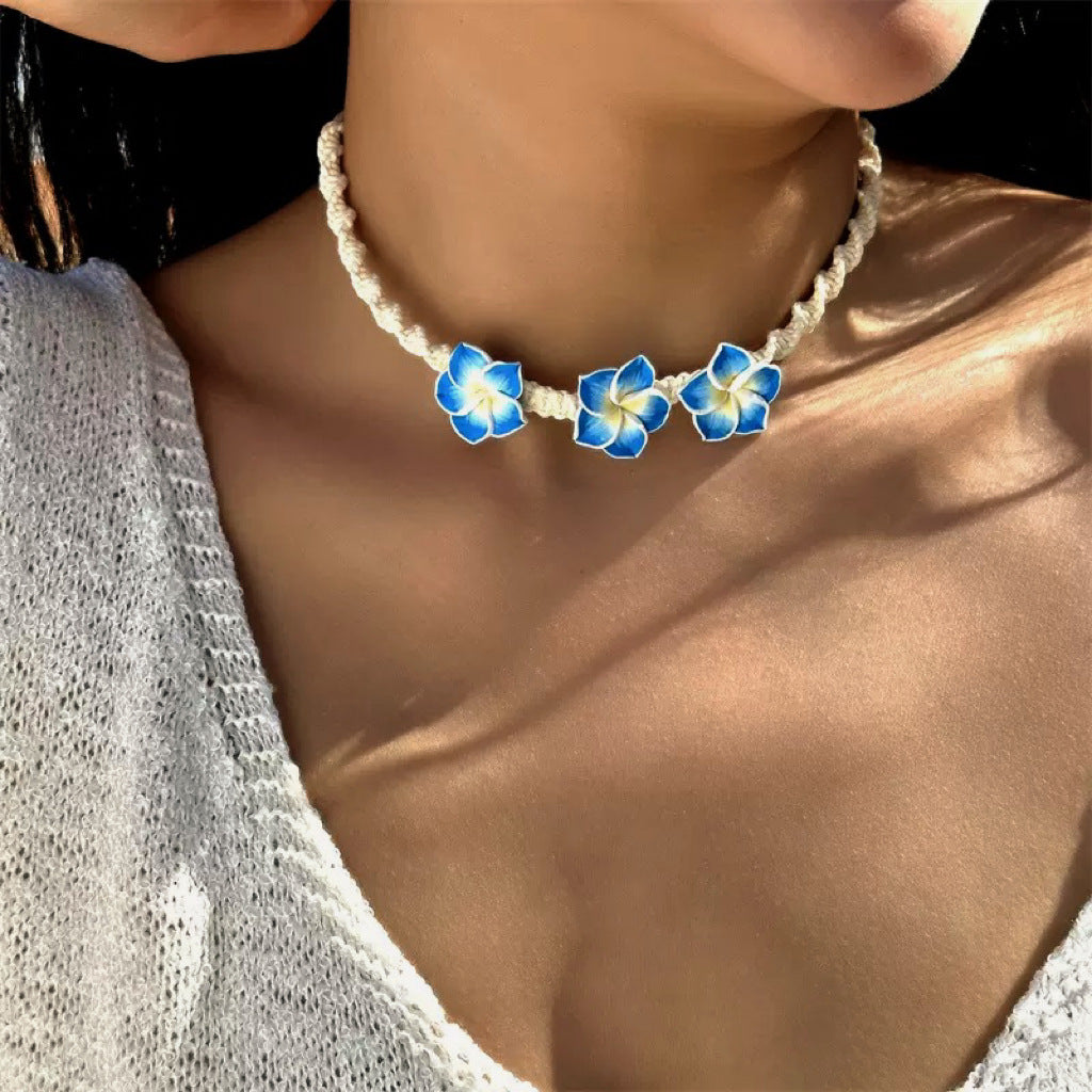 Elegante collar y pulsera de resina floral bohemia con cadena de cable para mujer