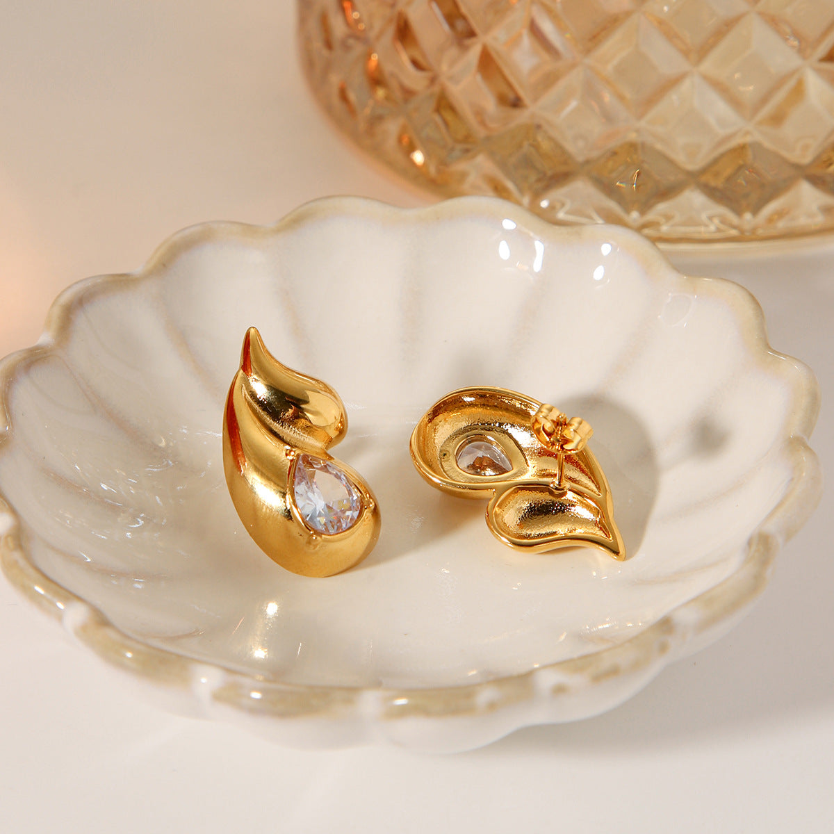 Minimalist Double Teardrop Stainless Steel Earrings for Women with Plated Finish and Rhinestone Inlay