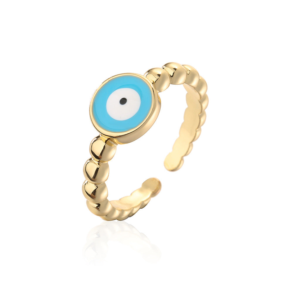 Anello Aperto Geometrico Minimalista da Donna con Base in Rame, Placcatura in Oro 18K e Smalto a Forma di Occhio di Allah