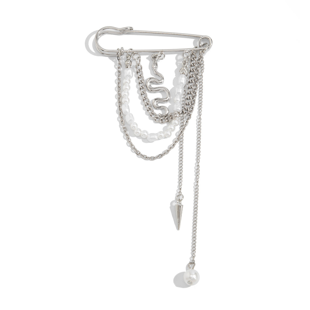 Fashion Geometric Fish Animal Iron Plated Brooch with Imitation Pearl Tassel and Cable Chain for Women