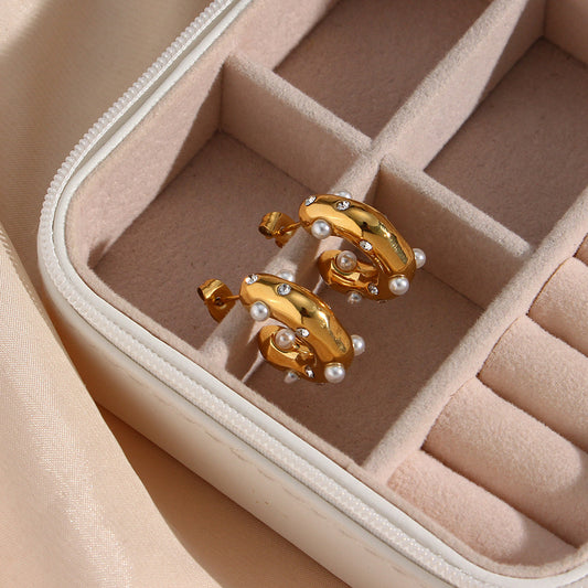 Orecchini a Cerchio a C Geometrici alla Moda in Acciaio Inossidabile con Placcatura in Oro 18K, Strass e Intarsio di Perle da Donna