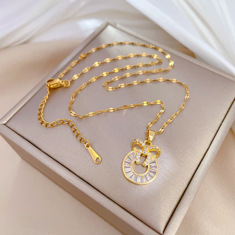 Sweet Geometric Butterfly Rhinestone Inlay Titanium Steel Necklace with Brass Pendant