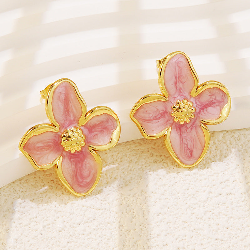 Vintage Sweet Floral Drip Oil Plated Titanium Steel Earrings for Women