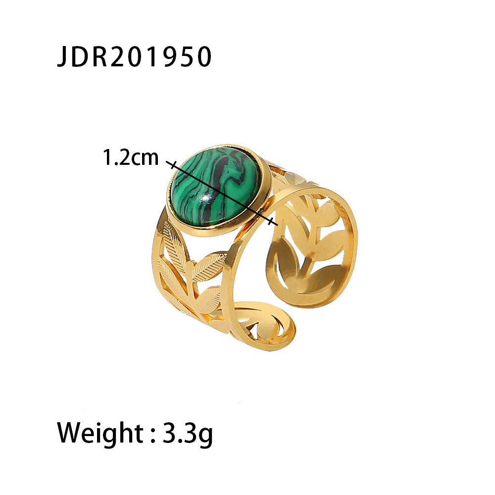 Vintage Minimalist 18K Gold Plated Green Natural Stone Open Ring for Women