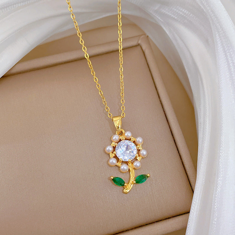 Sweet Elegant Floral Moon Rhinestone Pearl Pendant Titanium Steel Necklace for Unisex