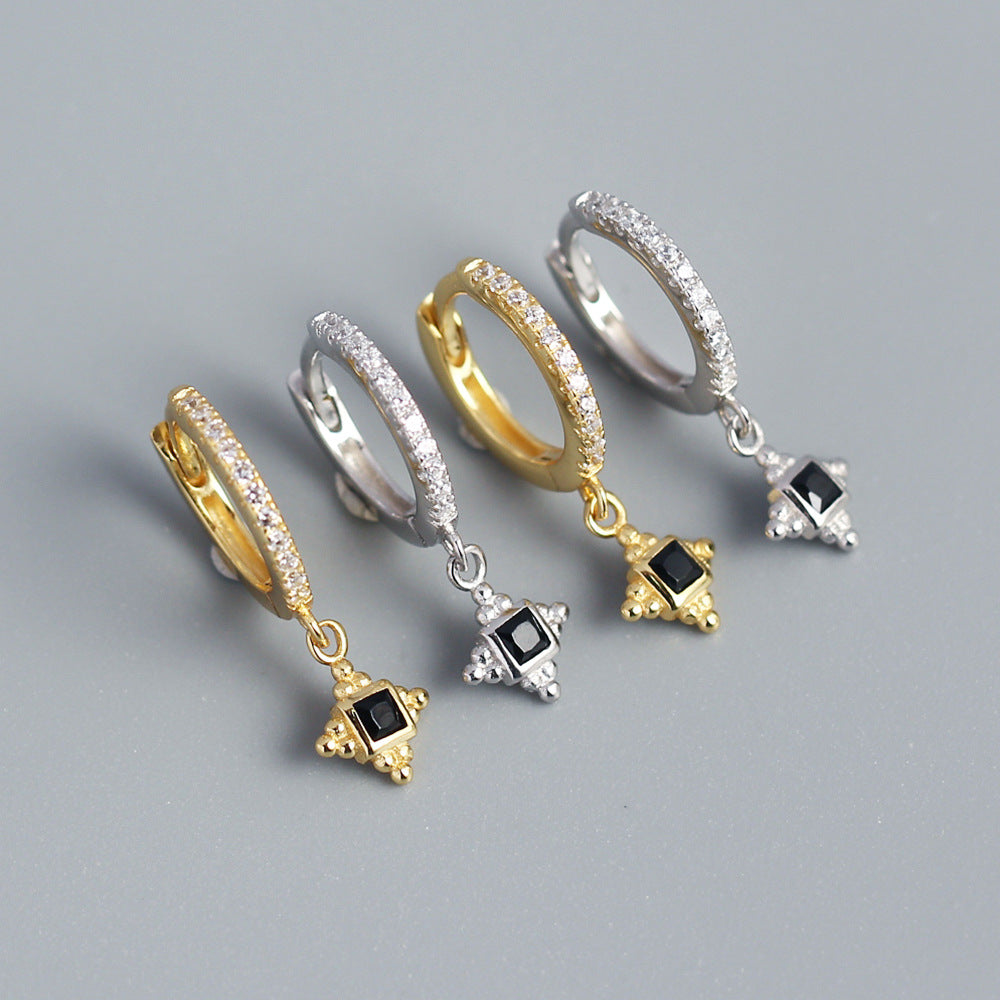 Minimalist Vintage 925 Sterling Silver Geometric Square Inlaid Cubic Zirconia Hoop Earrings
