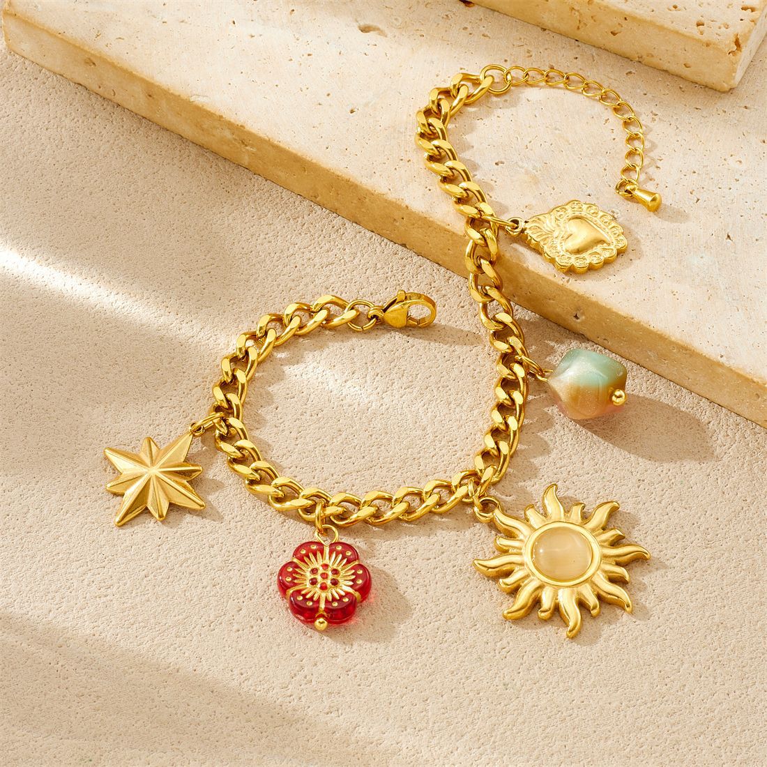Vintage Gold Plated Sun Star Geometric Acrylic Beaded Printed Stainless Steel Jewelry Set for Women