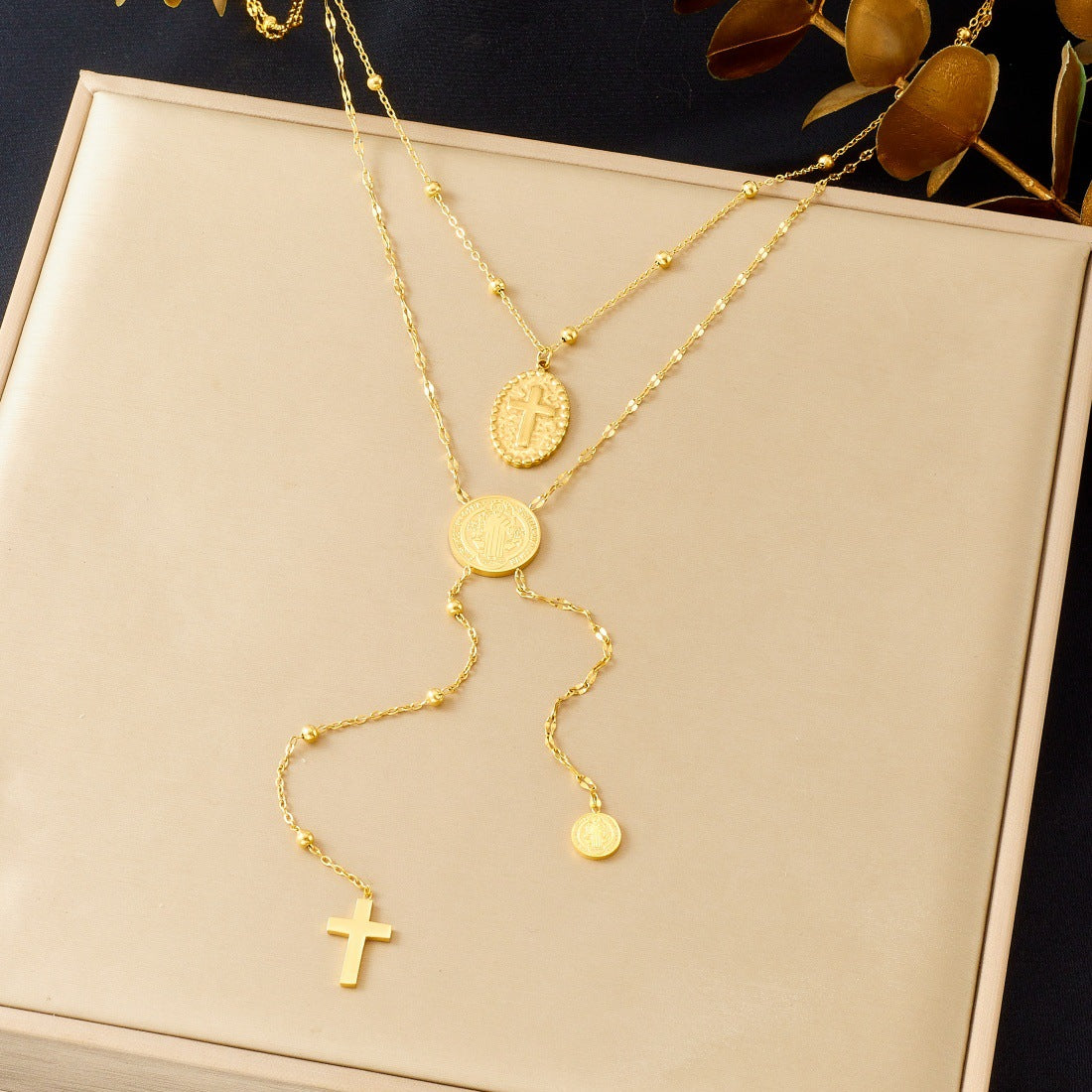 Vintage Gold Plated Stainless Steel Multi-Layer Cross and Round Relief Portrait Necklace for Women
