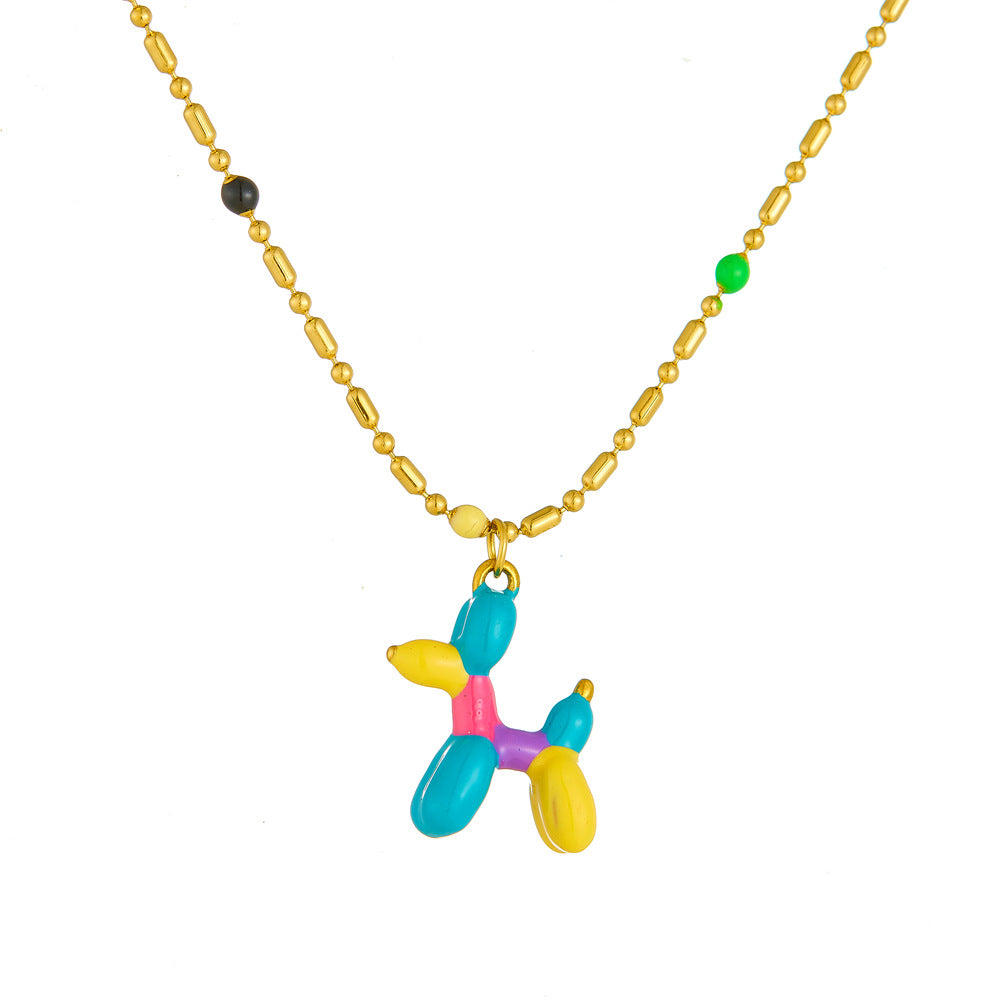 Cute Cartoon Enamel Balloon Dog Pendant Stainless Steel Bead Chain Necklace