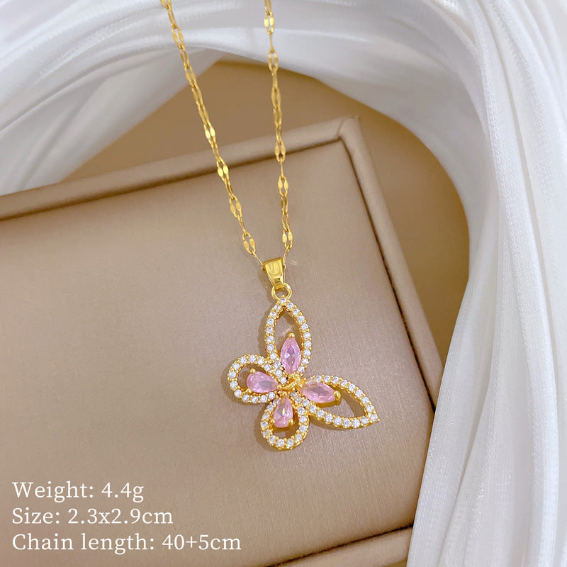 Sweet Butterfly Titanium Steel Necklace with Cubic Zirconia Inlay for Women and Men