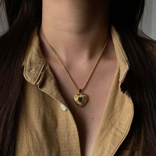 Minimalist Green Cubic Zirconia Geometric Triangle Stainless Steel PVD Necklace for Women