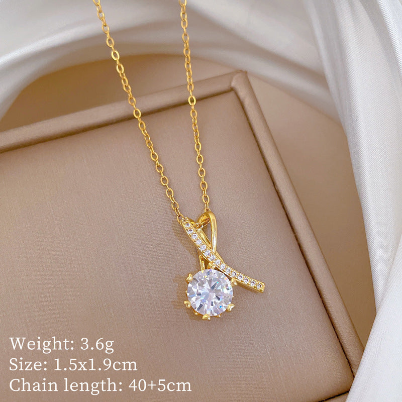 Sweet Minimalist Cross Micro-Inlaid Cubic Zirconia Brass Pendant Titanium Steel Necklace for Unisex