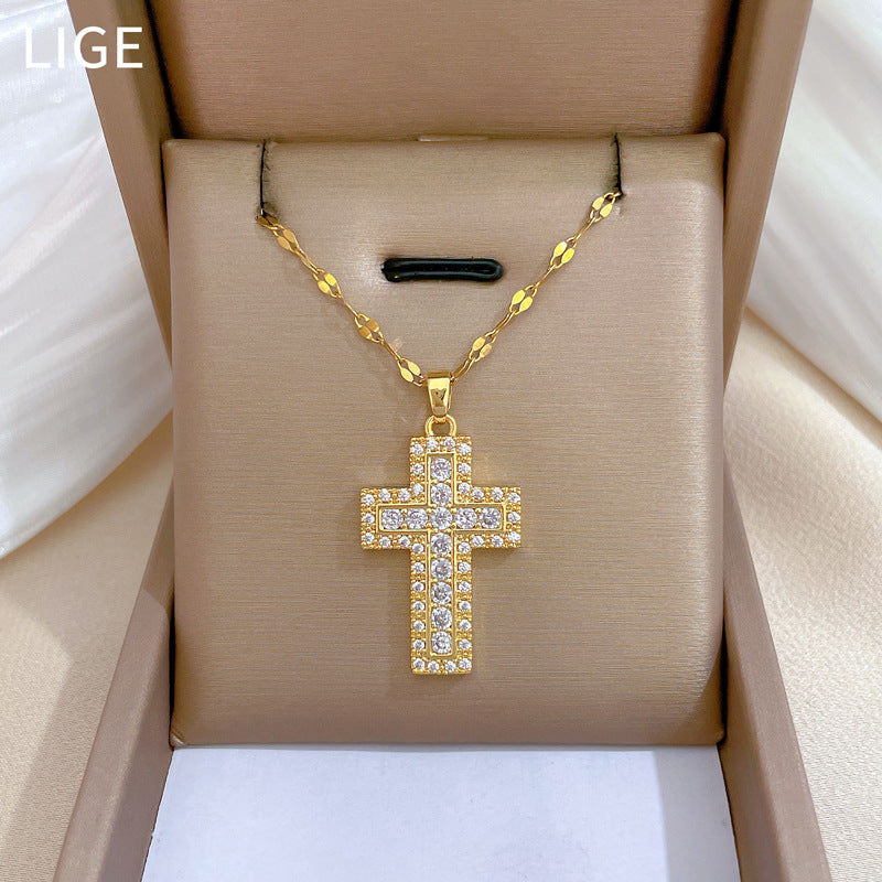 Collana con ciondolo a croce di lusso in acciaio al titanio con strass, catena alla clavicola geometrica unisex