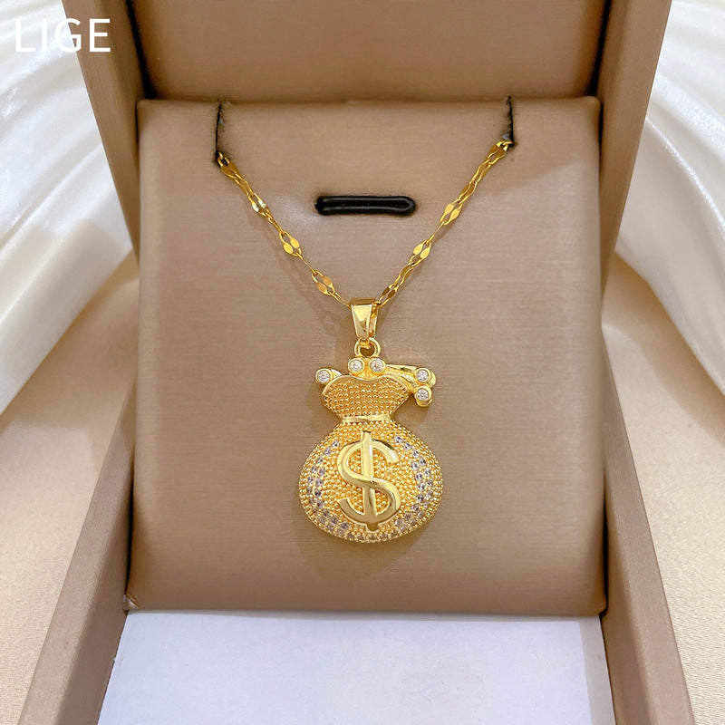 Sweet Geometric Rhinestone Money Bag Pendant Necklace Titanium Steel Cable Chain for Women and Men
