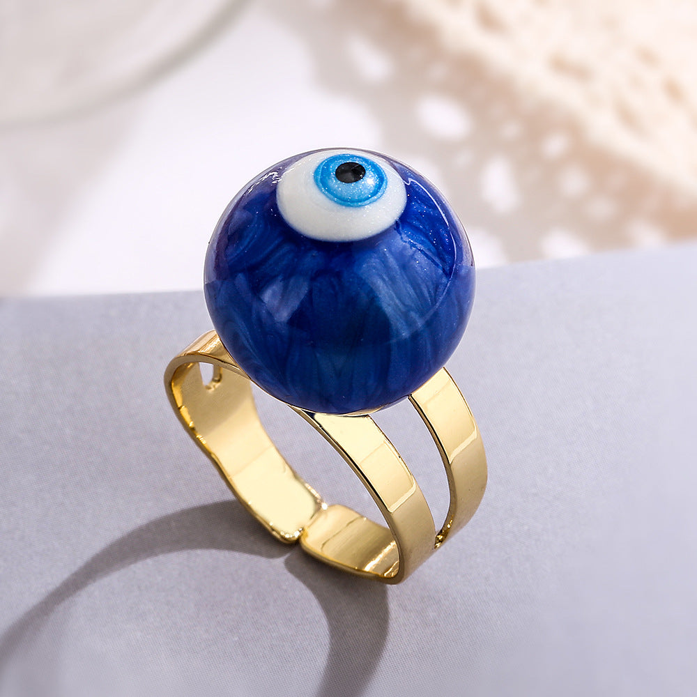 Fashionable Adjustable Evil Eye Ring for Women in Copper with Enamel Finish Geometric Design