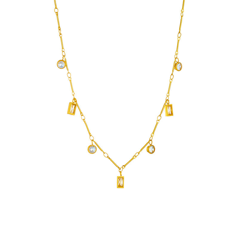 Minimalist Square and Round Rhinestone Pendant Necklace in Titanium Steel with Plated Finish for Women