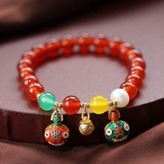 New Chinese Style Animal-Shaped Titanium Steel Bracelet with Crystal and Natural Red Agate Beads for Women
