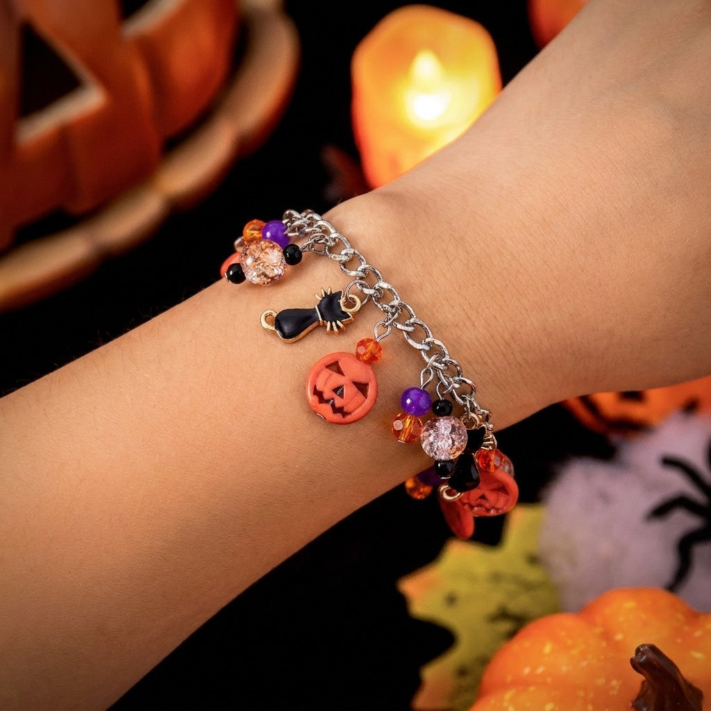 Gothic Drip Oil Plated Alloy Charm Bracelet with Cartoon Halloween Pendants for Unisex Party Jewelry