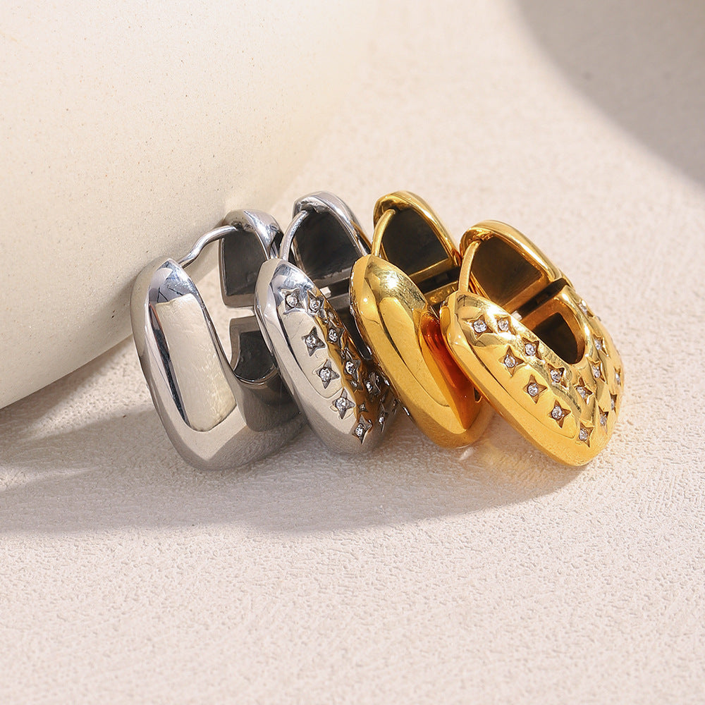 Minimalist Geometric Four-Pointed Star Stainless Steel Earrings with 18K Gold Plating for Women