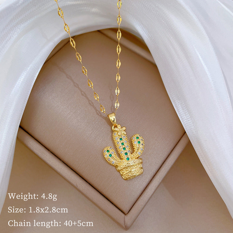 Luxury Minimalist Sweet Geometric Rhinestone Pendant Necklace for Women Titanium Steel O-Chain
