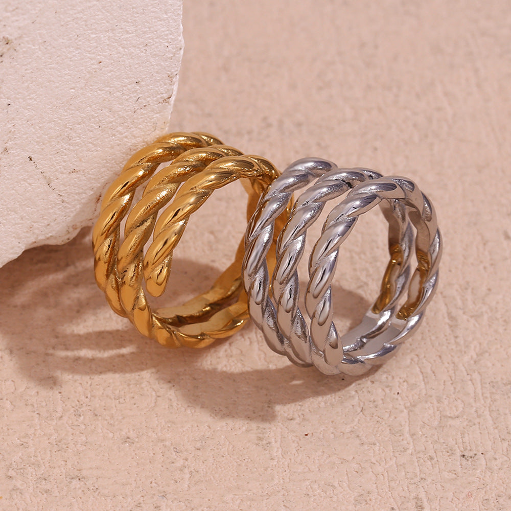 Anillo Abierto Minimalista Geométrico de Triple Espiral Retorcida de Acero Inoxidable con Baño de Oro de 18K para Mujer